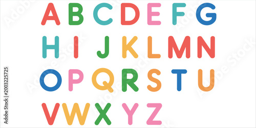 Bright, colorful, rounded uppercase English alphabet A-Z on white, ideal for children's learning.