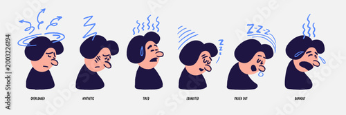 Comic emotion expression set with character faces and motion marks showing st...