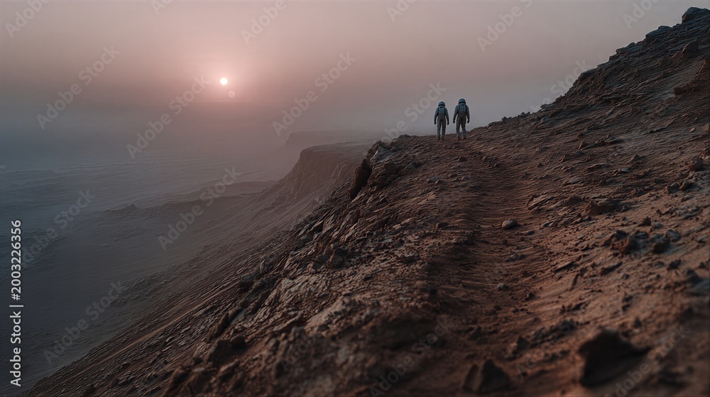 Obraz premium Two astronauts standing on rocky cliff of red planet at sunset. Exploring alien landscape with hazy atmosphere. Space mission discovery and futuristic adventure concept.