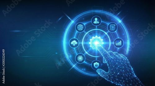 Abstract blue background with glowing circles and light effects in a magical digital space