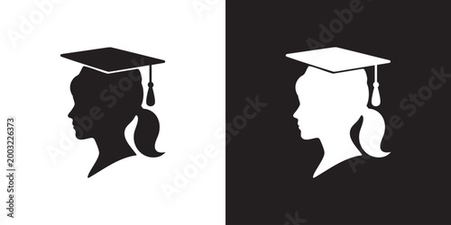 Tableau sur toile Minimalist Female Graduate Profile Silhouette with Ponytail and Tassel in Black