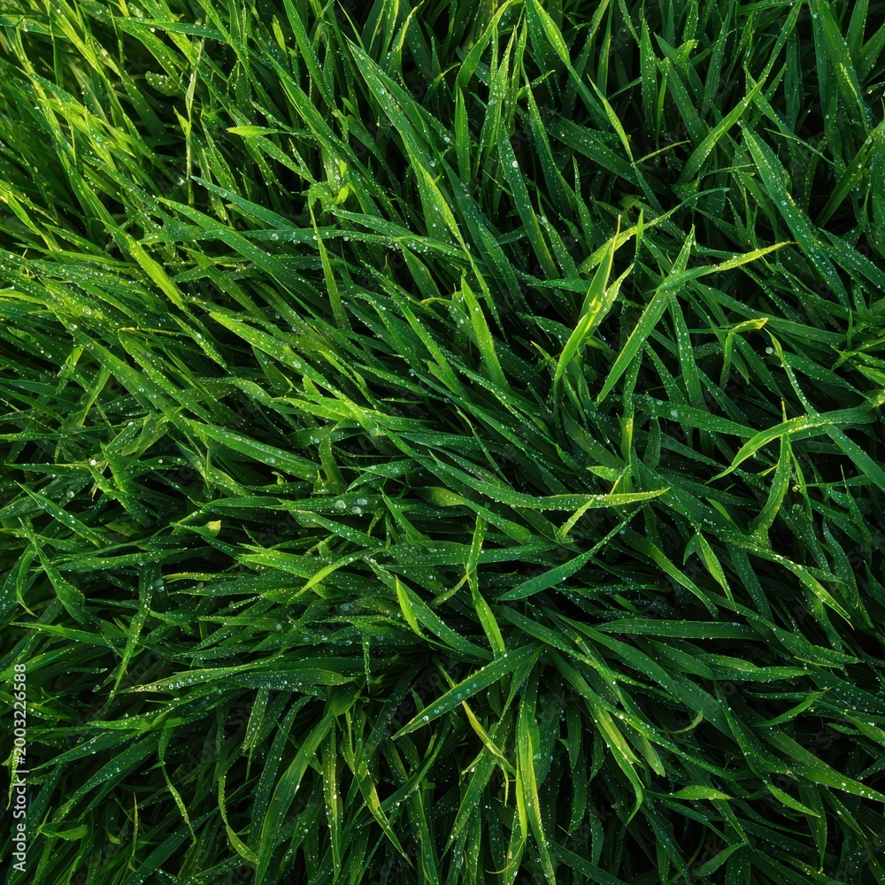 Fototapeta premium Aerial carpet of grass blades: close-up top-down scene in vibrant greens