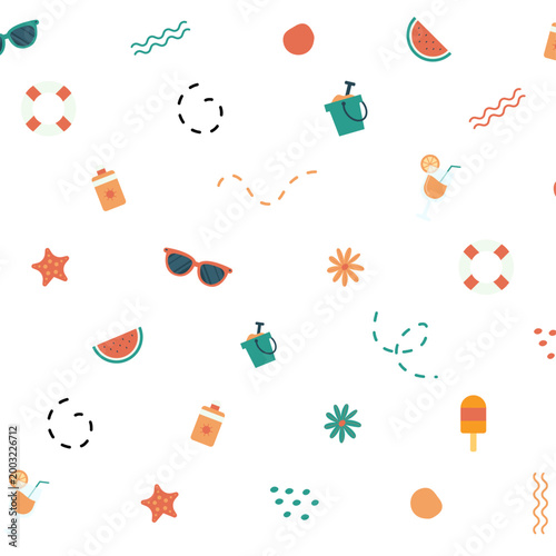Motif estival sans couture avec icônes minimalistes et éléments de plage. Design moderne idéal pour fond graphique, textile, packaging et supports créatifs.