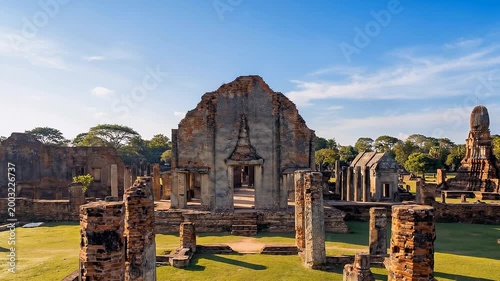 Ancient temple ruins with brick pillars and weathered stone
