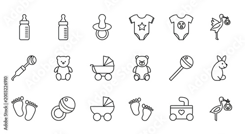 Baby Icons Set: Stork, Bottle, Pacifier, Clothes, Toys, Footprints