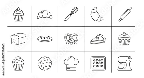 Bakery Icons: Pastries, Bread, Kitchen Tools, and Baking Equipment