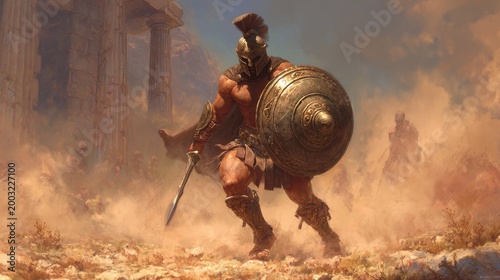 Ancient Greek warrior in ornate bronze armor, round shield and short sword on a dusty battlefield