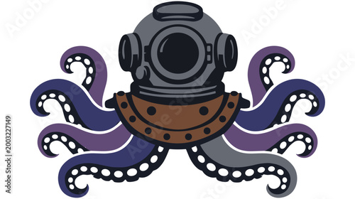 Vintage diving helmet with octopus tentacles underwater marine theme.