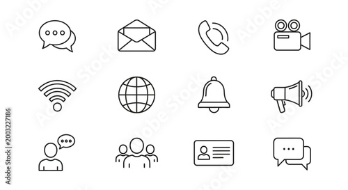 Communication and Connection Icons Set: Chat, Email, Phone, Video, Wifi, Globe