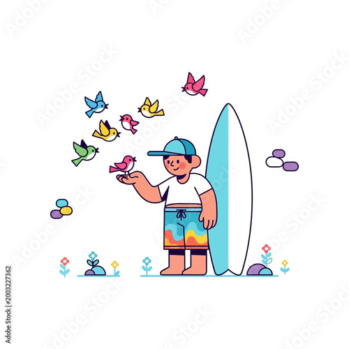 Cartoon Illustration of a Surfer Boy Playing with Colorful Birds on the Beach with a Surfboard