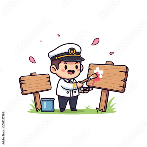 Cute Cartoon Captain Character Painting a Flower on a Wooden Sign Illustration