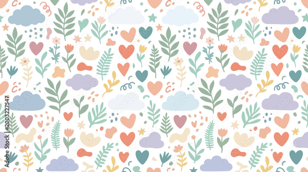 Obraz premium Cute Seamless Pattern with Hearts, Clouds, Flowers, Leaves. Whimsical Nature Love Flat Design Background.