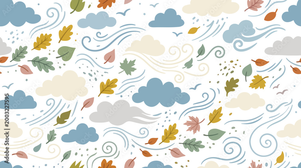 Obraz premium Nature Autumn Windy Weather Seamless Pattern Flat Art with Clouds and Falling Leaves