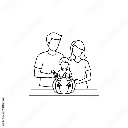 A family is carving a Halloween pumpkin together for the holiday.