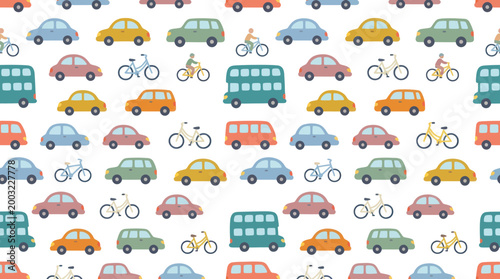 Urban Transportation Flat Vector Seamless Pattern with Cute Cars, Buses and Bicycles