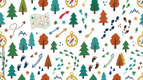 Cute Cartoon Camping Adventure Pattern with Trees, Map, Compass, Footprints