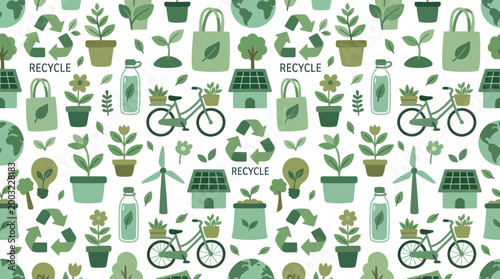Eco-Friendly Flat Vector Seamless Pattern: Environment, Sustainability  Green Living Elements