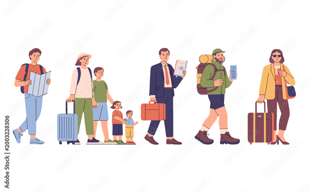 Fototapeta premium Diverse travelers of different ages and backgrounds, embarking on various journeys.