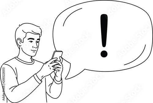 Man with phone and exclamation point speech bubble
