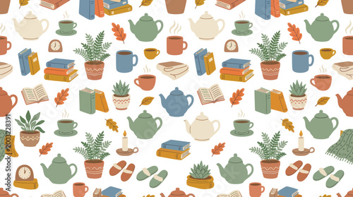 Cozy Autumn Home Hygge Flat Vector Seamless Pattern with Teapots, Books  Plants