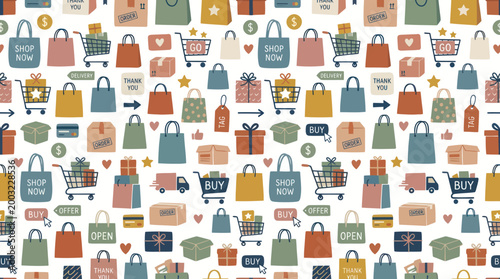 Shopping bags, boxes, delivery trucks, carts seamless pattern, e-commerce