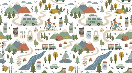 Eco-Friendly Outdoor Adventure Seamless Pattern - Nature  Sustainable Travel Flat Illustration