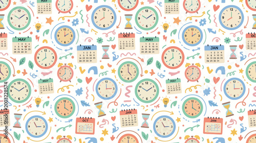 Cute Flat Design Seamless Pattern of Clocks and Calendars