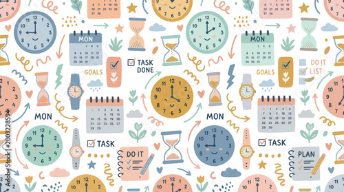 Productivity  Time Management Doodle Seamless Pattern with Clocks and Calendars