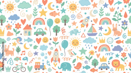 Cute Children's Seamless Pattern with Colorful Cartoon Icons