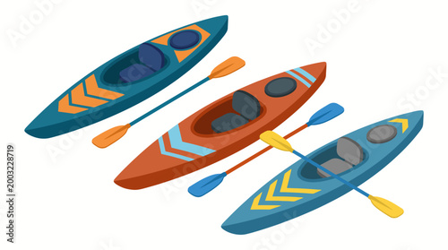 This vibrant illustration showcases three colorful kayaks, embodying a sense of adventure and fun, perfect for water sports enthusiasts and outdoor activities.