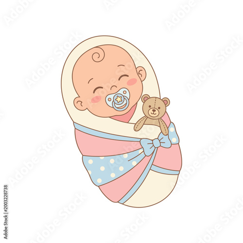 A joyful newborn baby wrapped snugly in a colorful swaddle, holding a teddy bear, embodying warmth, tenderness, and the innocence of early life in a delightful, serene setting.