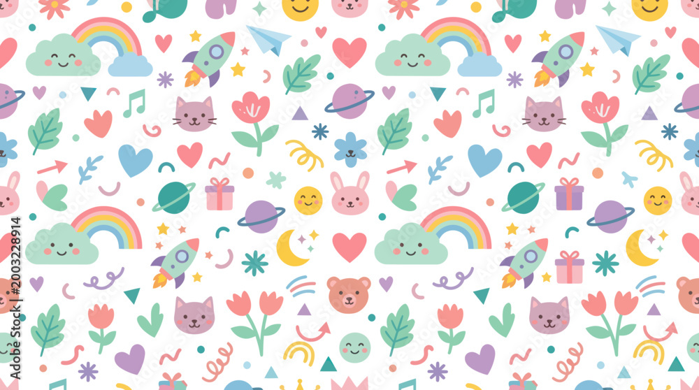 Obraz premium Cute Kawaii Space and Rainbow Seamless Pattern, Flat Vector Art