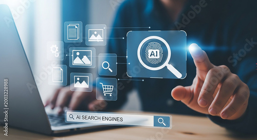 AI Search Engine: A person interacts with an artificial intelligence search engine through a laptop screen, exploring the capabilities of AI in modern information retrieval.