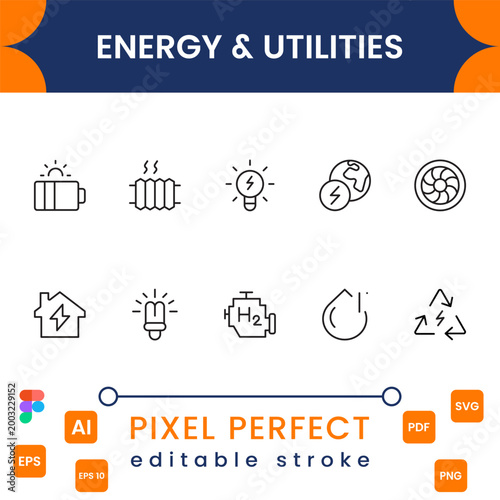 Energy utilities icon collection with electricity, renewable power, water supply and infrastructure symbols modern minimal vector design