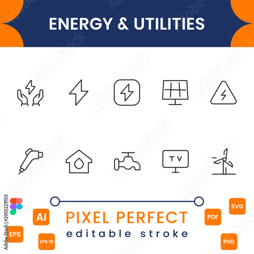 Energy utilities icon collection with electricity, renewable power, water supply and infrastructure symbols modern minimal vector design