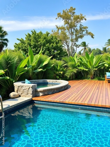 Woven wood decking stretches across pool's edge, featuring a natural stone coping and lush greenery, tropical atmosphere, plants