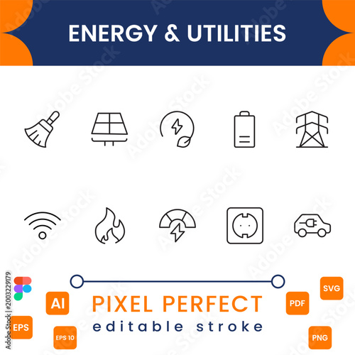 Energy utilities icon collection with electricity, renewable power, water supply and infrastructure symbols modern minimal vector design