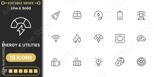 Modern energy and utilities icon pack featuring electricity, power grid, renewable sources and home utility services clean vector set