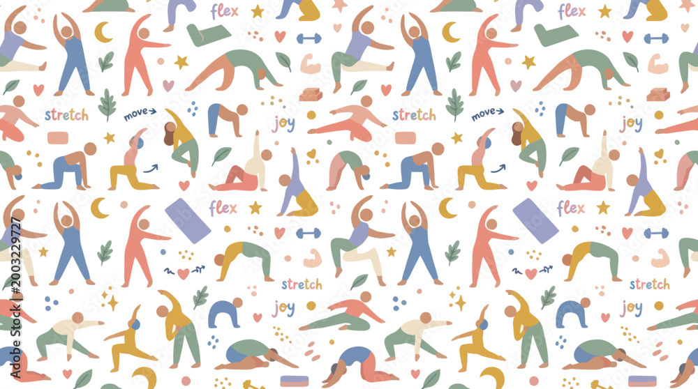 Obraz premium Fitness Yoga Flat Vector Seamless Pattern with Diverse People Poses for Health Wellness