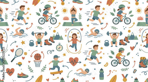 Children's Seamless Pattern of Healthy Lifestyle Activities, Flat Vector