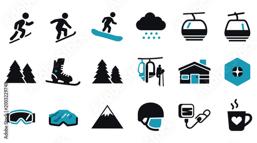 Winter sports and activities icons set ski snowboard mountain.