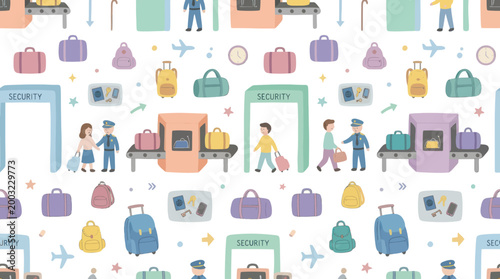 Airport Security Checkpoint Seamless Pattern, Flat Vector Illustration