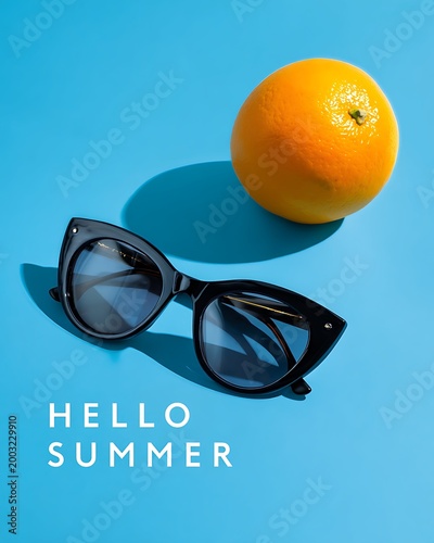 Hello Summer background with sunglasses and orange on blue background with sharp shadows