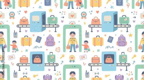 Cute Flat Vector Seamless Pattern of Airport Security Check  Baggage Scan Process