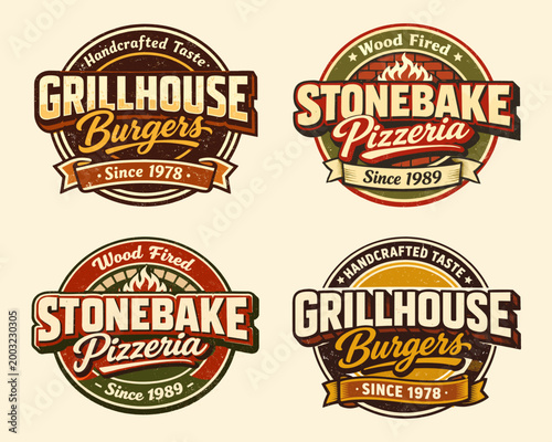 Vintage food badge set. Collection of retro styled burger and pizza restaurant labels with classic typography and fire elements