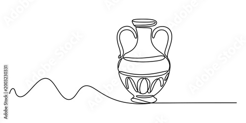 Single line drawing of an ancient amphora vase with handles, classic pottery shape, simple artistic illustration. Vector, illustration