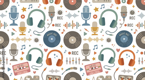 Flat Vector Seamless Pattern: Music  Podcast Studio Recording Audio Equipment Background
