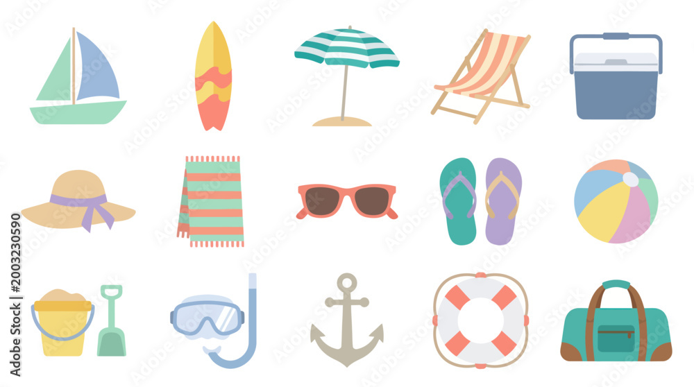 Fototapeta premium Flat Summer Beach Icons Set Vector Illustration