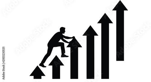 Motivational illustration showing a person climbing a series of ascending arrows representing financial and career growth.