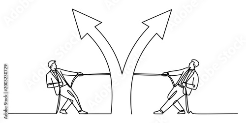 Two businessmen in suits playing tug of war at a diverging path with arrows Vector, illustration